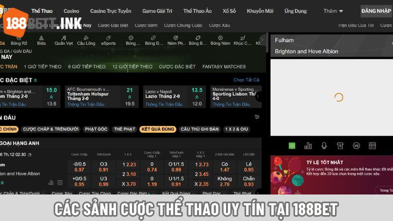 Các sảnh cược thể thao uy tín tại 188Bet