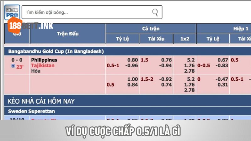 Ví dụ cược chấp 0.5/1 là gì